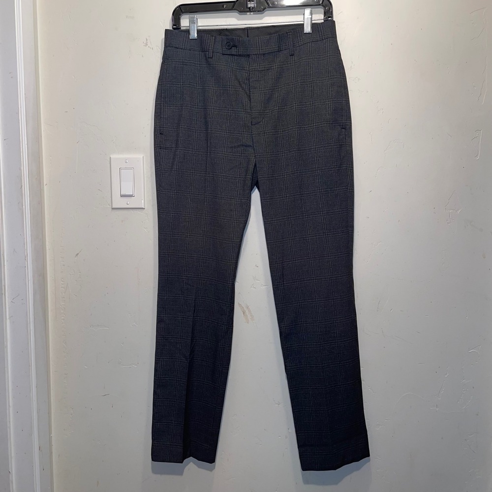 Calvin Klein Glen Plaid Dress Pants Charcoal Grey Blue Slim Fit Trousers 30x30